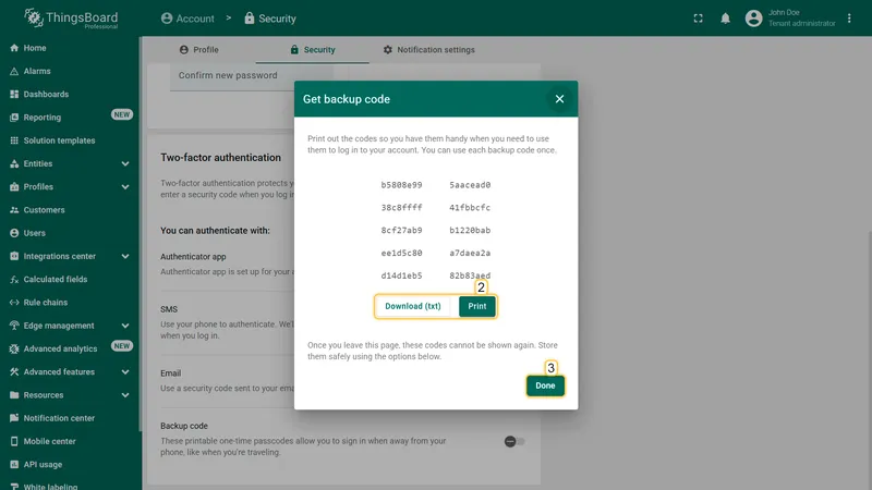 Get backup code dialog showing 10 single-use codes with Download and Print options