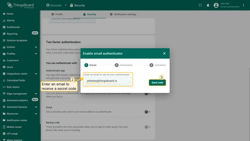 Enable email authenticator dialog — email entry step