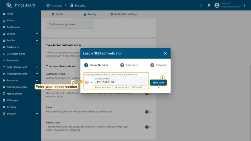 Enable SMS authenticator dialog — phone number entry step