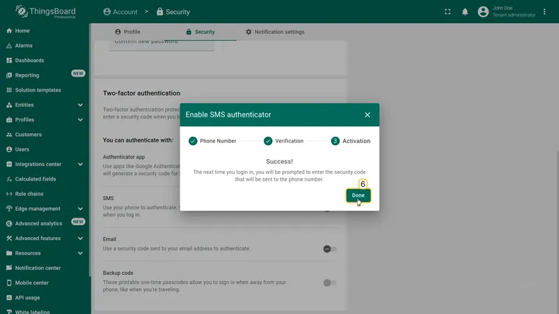 Enable SMS authenticator dialog — activation step showing success