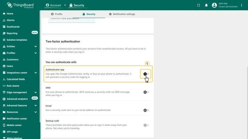 Account Security tab — Two-factor authentication section with method toggles