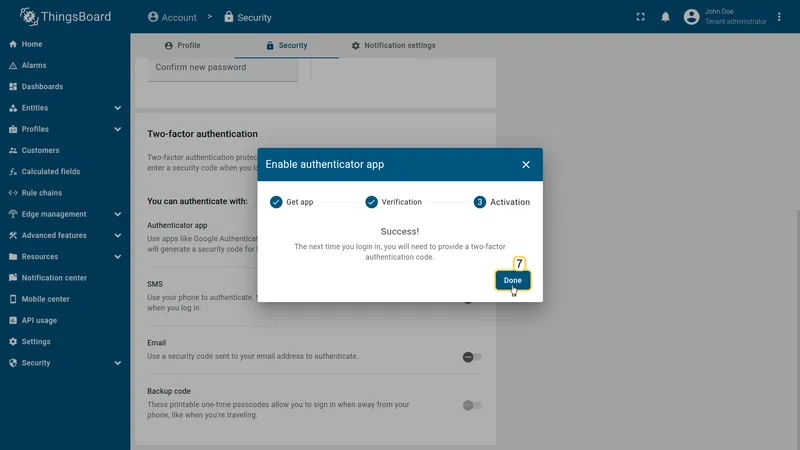 Enable authenticator app dialog — Activation step showing success