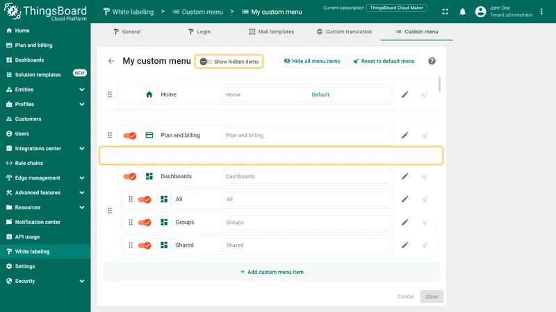 Hidden items removed from config view
