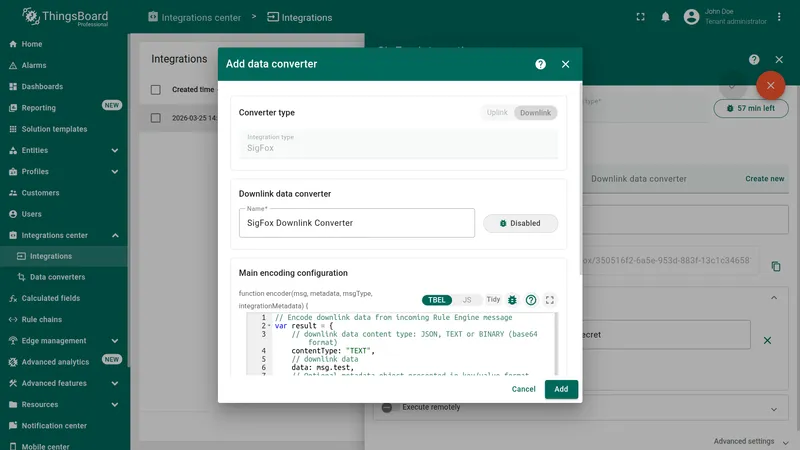 Add data converter dialog — Downlink type selected, name SigFox Downlink Converter, TBEL editor showing the encoder function