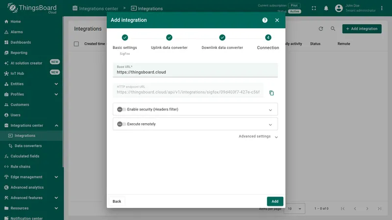 Add integration wizard — Connection step: HTTP endpoint URL shown, Security enabled with test-header key-value pair