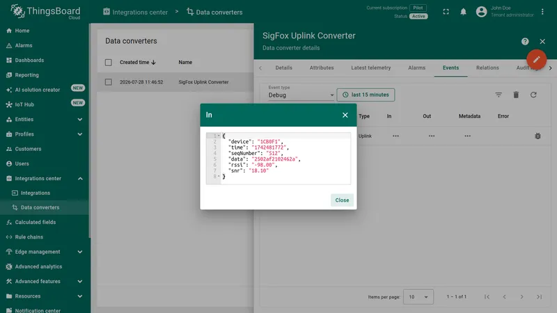 In dialog showing the raw callback JSON payload received by the converter: device, time, seqNumber, data, rssi, snr fields