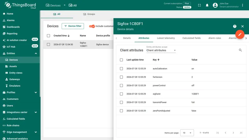 Device Sigfox-1CB0F1 Attributes tab — Client attributes: autoCalibration on, fwVersion 2, powerControl off, sigfoxId 1CB0F1, transmitPower full, zeroPointAdjusted false