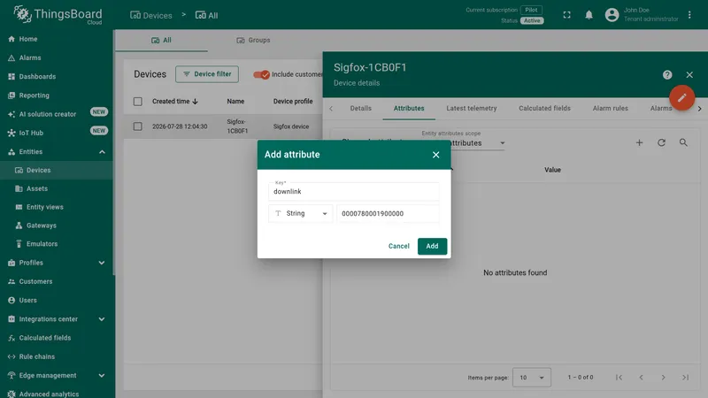 Add attribute dialog — key downlink, type String, value 0000780001900000