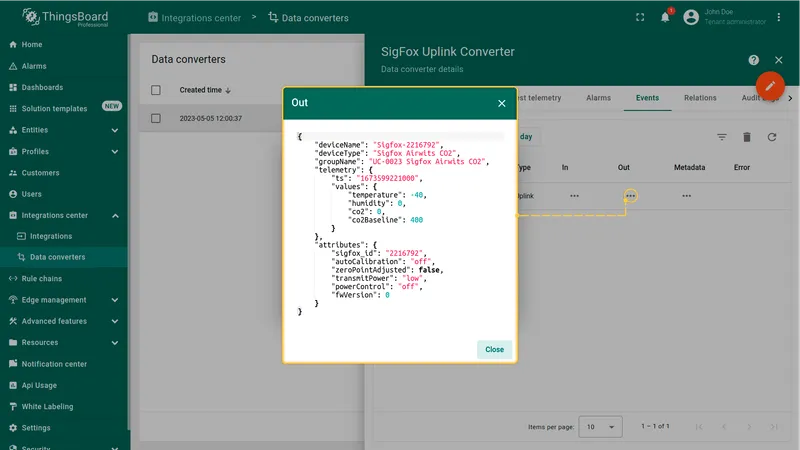 Uplink converter Events tab — Out block showing decoded deviceName, deviceType, telemetry values, and attributes