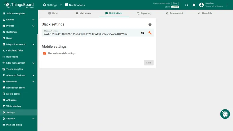 ThingsBoard Notifications settings — Slack API token field