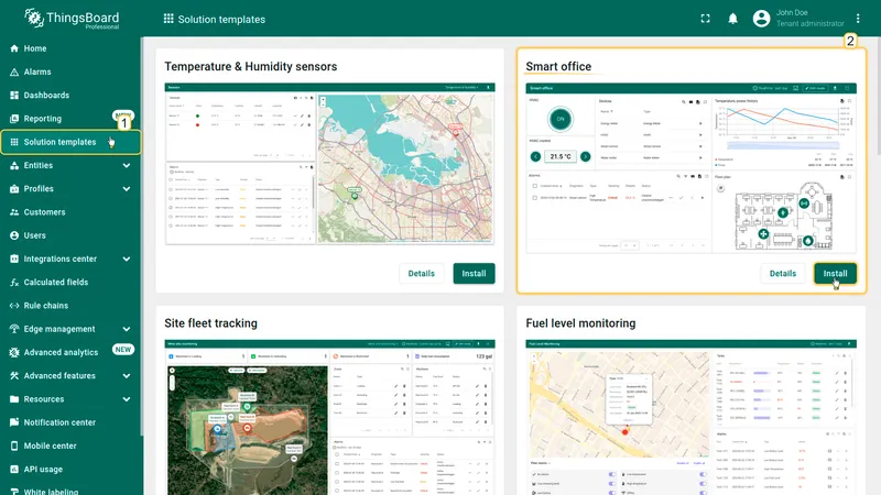 Solution templates page with Smart office