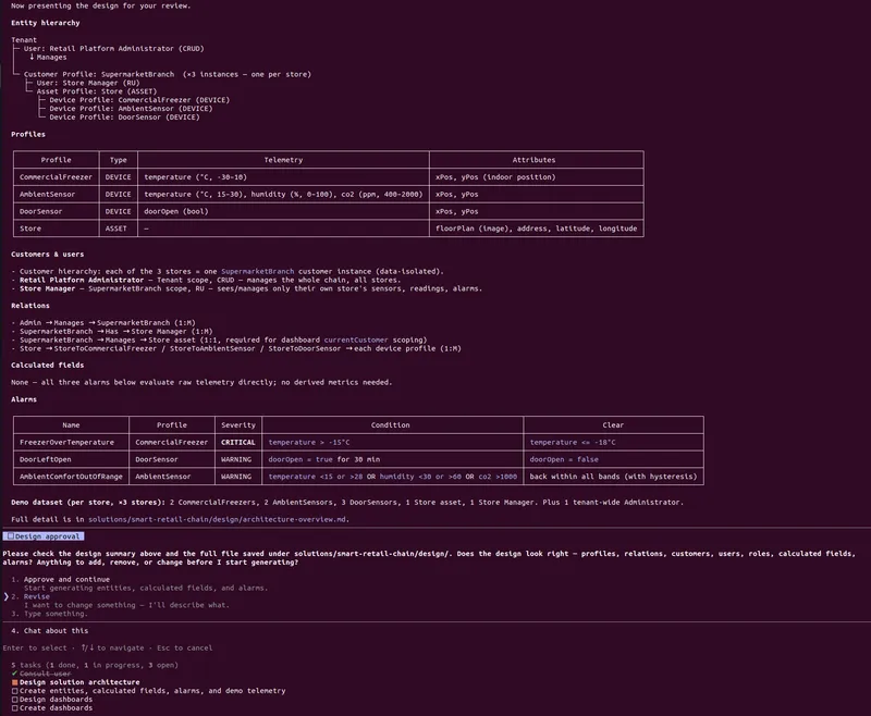 The proposed design: entity hierarchy, profiles, relations, alarm rules, demo data, and the design-approval gate