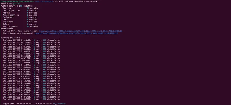 tb push output: entities created, links to both dashboards, and emulators seeding telemetry