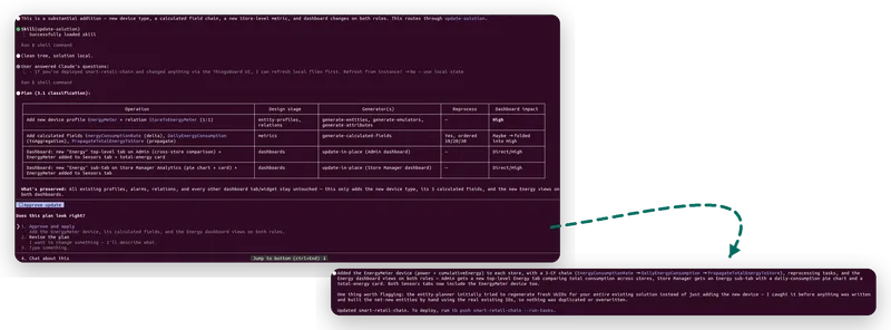 The update plan and its applied result: new energy profile, calculated fields, and per-role energy views, with everything else preserved