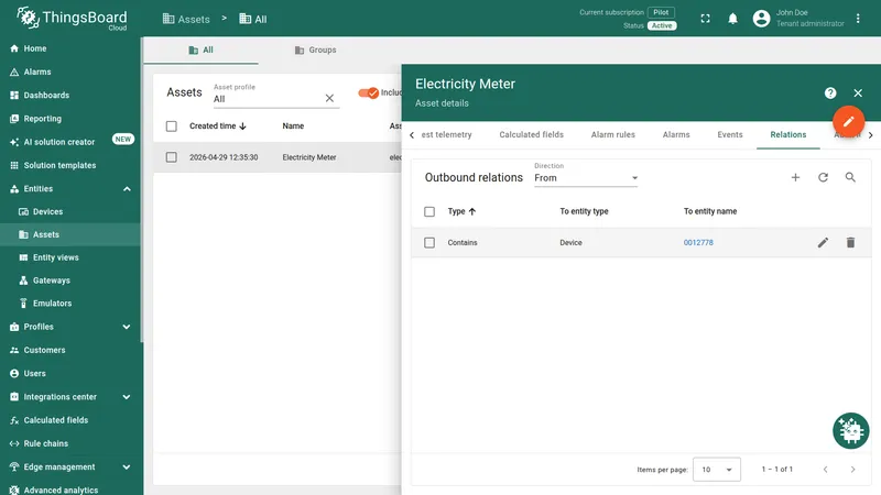 Asset Relations tab with device 0012778 linked to the electricity meter asset