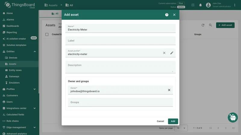 ThingsBoard Assets page creating a new electricity meter asset