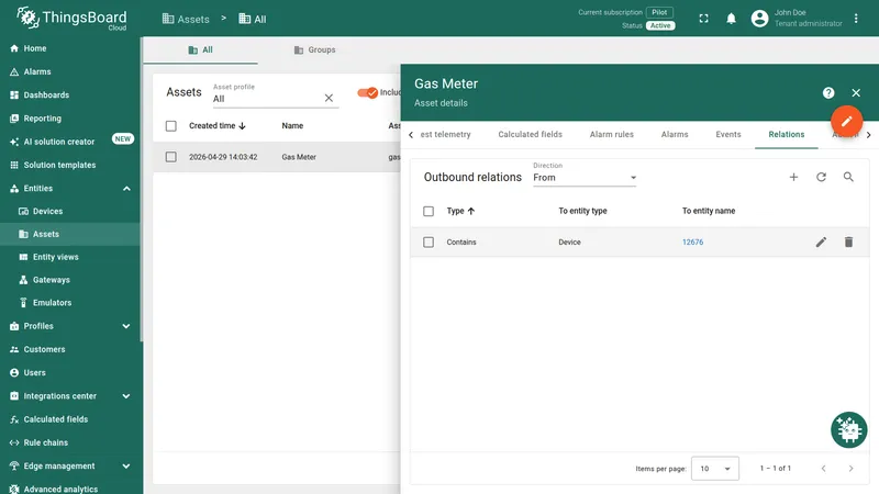 Asset Relations tab with device linked to the gas meter asset