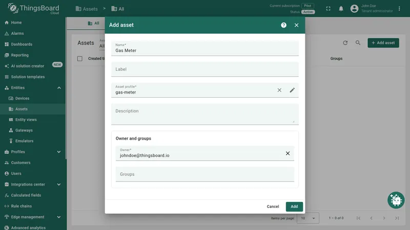 ThingsBoard Assets page creating a new gas meter asset
