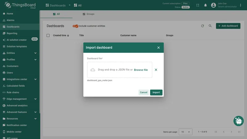 ThingsBoard Dashboards page with the Smartico G-1.6 dashboard imported