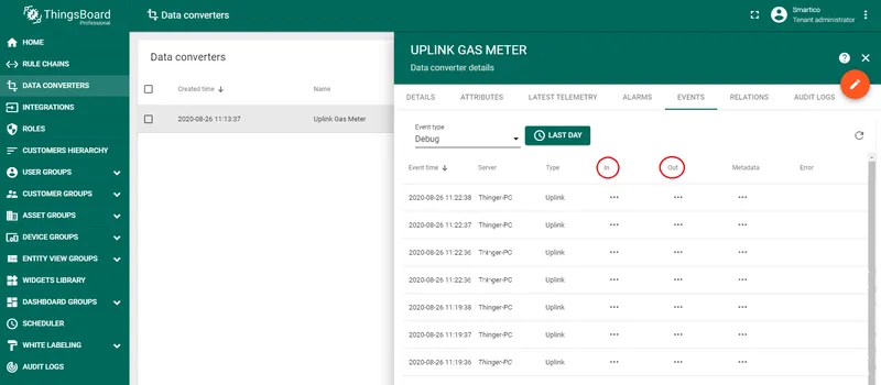 ThingsBoard Devices page showing auto-created device 012676