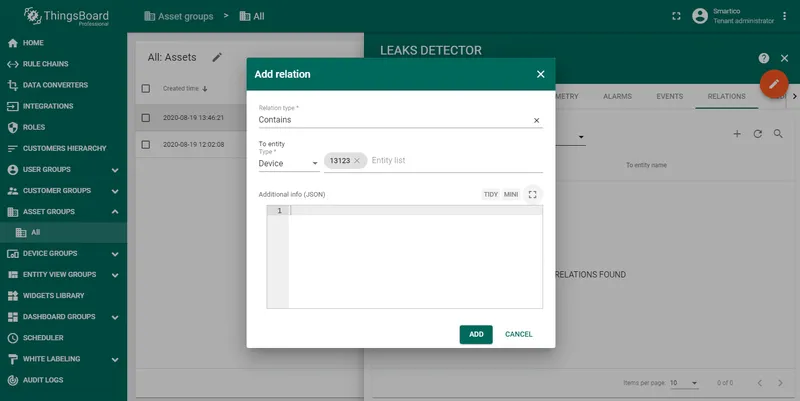 Asset Relations tab with device linked to the leaks detector asset