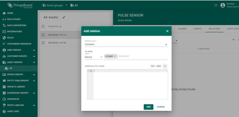 Asset Relations tab with device linked to the pulse sensor asset