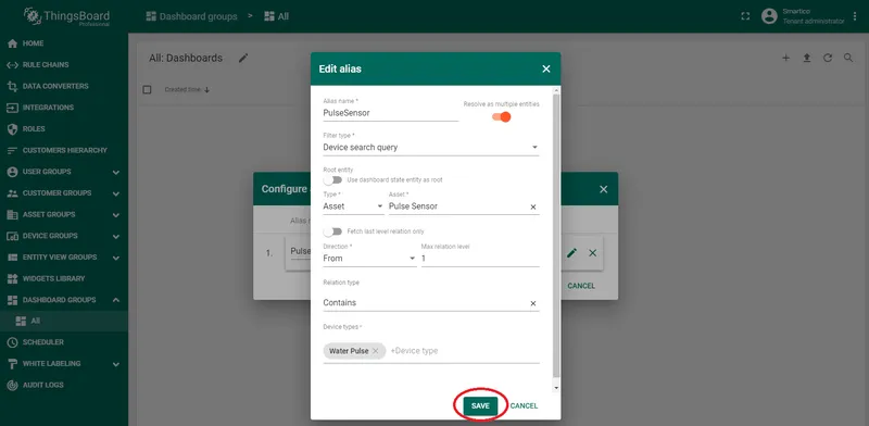 Dashboard alias configuration linking the widget to the Pulse Sensor asset