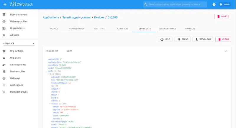 ChirpStack device page showing live data frames from device 012685