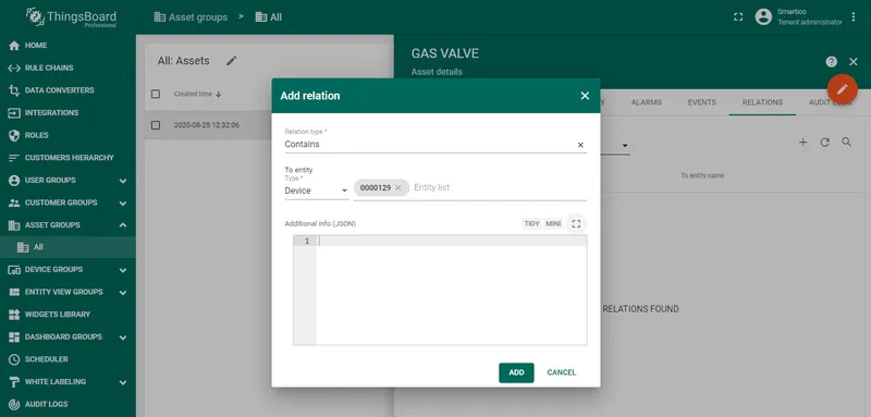 Asset Relations tab with device linked to the gas valve asset