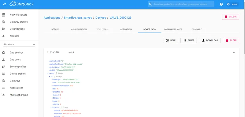 ChirpStack device data page showing live frames from device 0000129