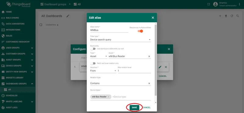 Dashboard alias configuration linking the widget to the wM-Bus Reader asset