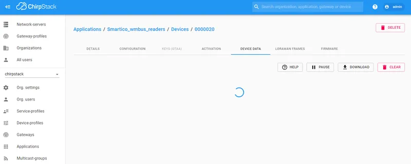ChirpStack device page showing live data frames from device 0000020