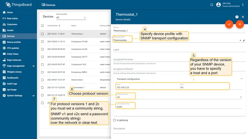 SNMP v1/v2c device credentials form