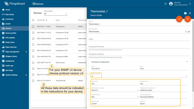 SNMP v3 device credentials