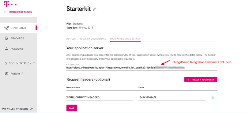 IoT Creators application server configuration with ThingsBoard callback URL