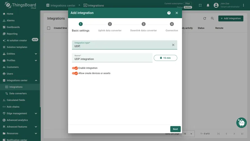 Add integration — Basic settings with Integration type UDP