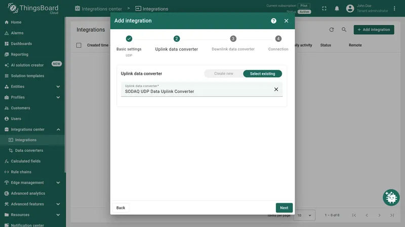 Add integration — Uplink data converter selection