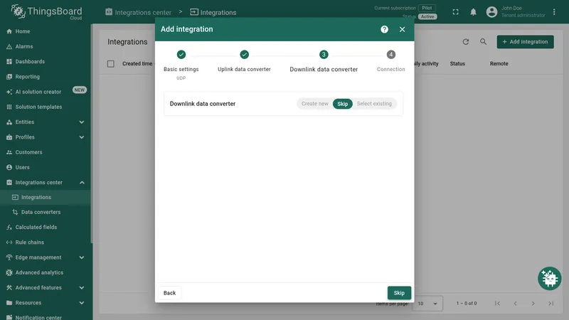Add integration — Downlink data converter step, Skip selected