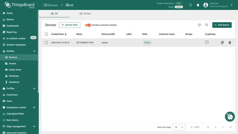 Device created after posting test UDP payload