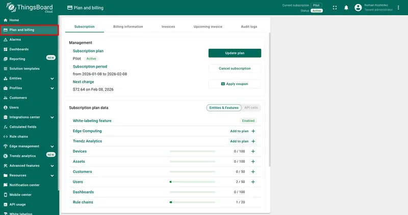 Open Plan and Billing page