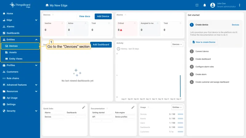 Devices section in the Edge UI