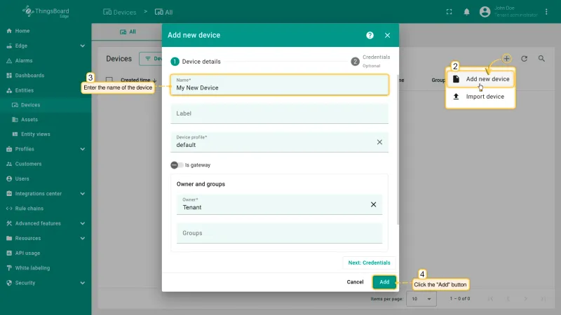 Add new device dialog