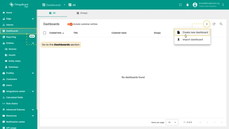 Dashboards section with create new dashboard option