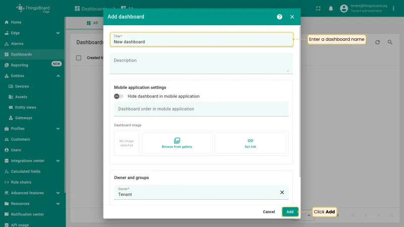 Add dashboard dialog with name field