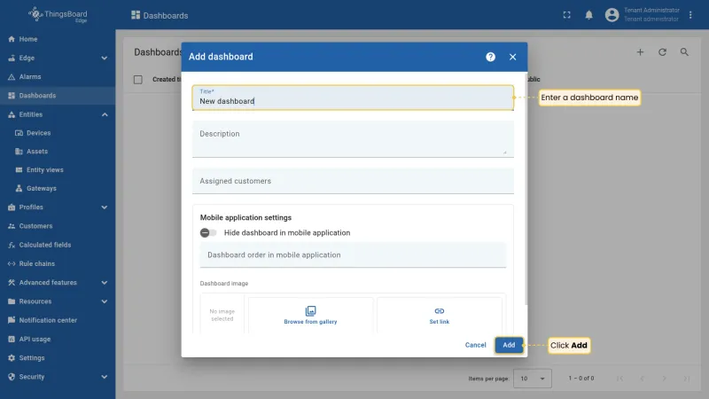 Add dashboard dialog with name field