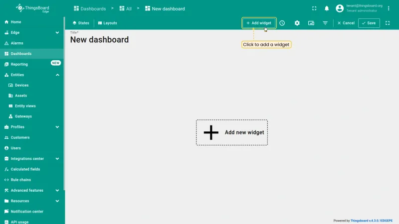 New dashboard in edit mode with Add widget button