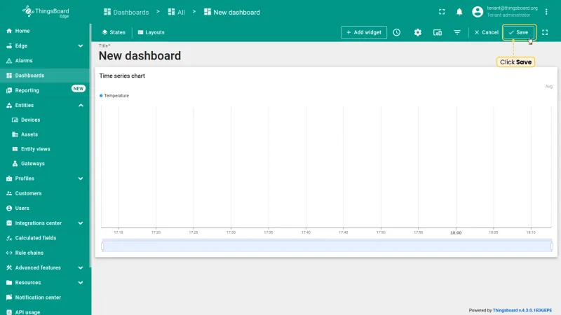 Dashboard with time series chart widget and Save button highlighted