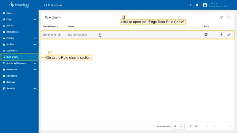 Edge Root Rule Chain with Push to Cloud node highlighted