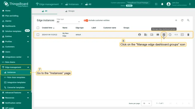 Edge Management Instances page with Manage edge dashboard groups icon