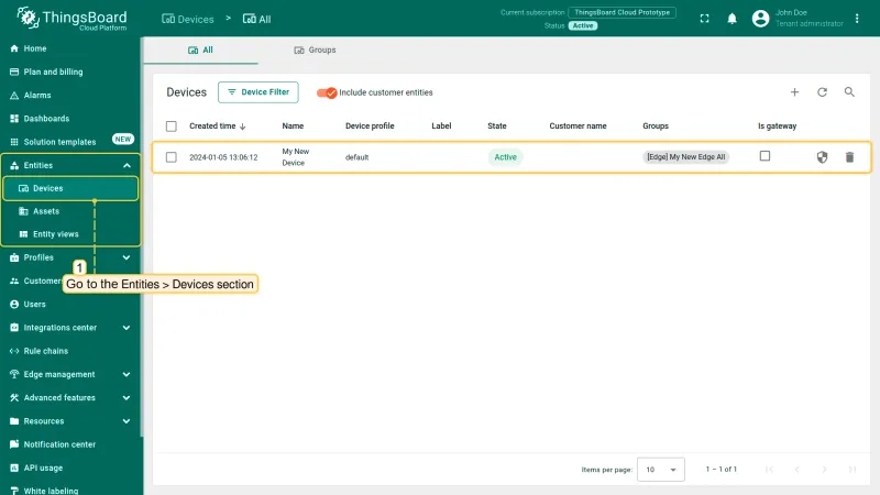 Devices list in ThingsBoard account showing sensor-01 synchronized from Edge